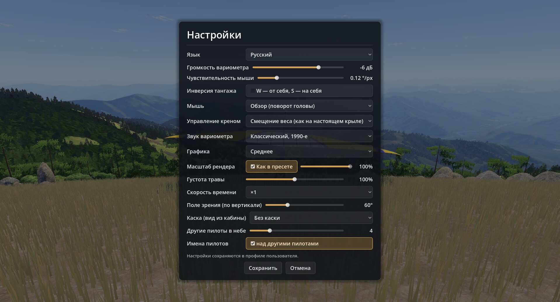 Настройка «Имена пилотов»